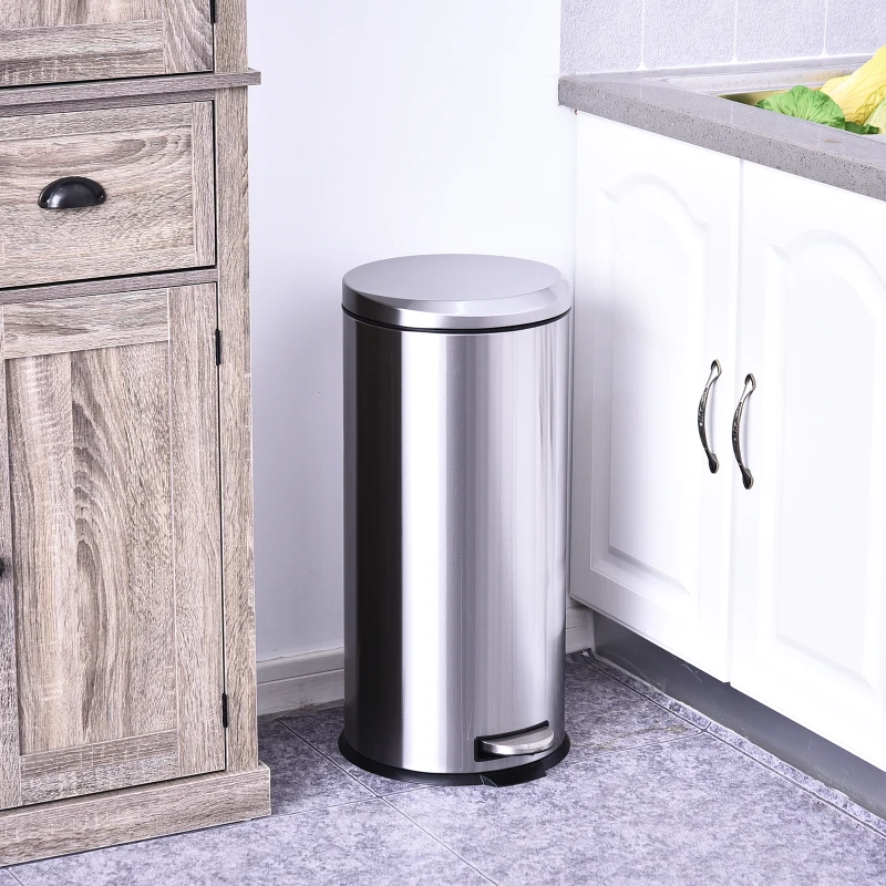 HOMCOM 30L T430 Step-on Trash Can Stainless Steel Round Garbage Bin Silent Gentle Open and Close Dustbin with Pedal