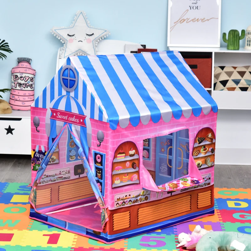 HOMCOM Kids Girls Candy House Play Tent patterned Foldable with Easy Setup Doors Gift Pink