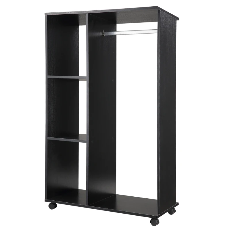 HOMCOM Open Wardrobe with Hanging Rail and Storage Shelves w/Wheels Bedroom- Black