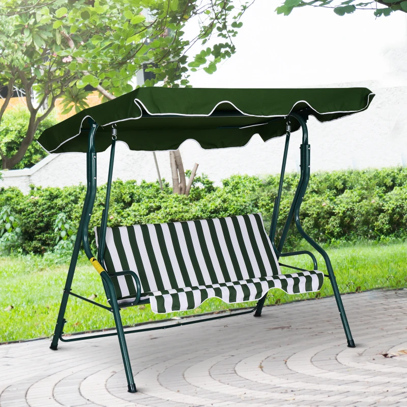 Outsunny 3 Seater Canopy Swing Chair Outdoor Garden Bench with Sun Cover Metal Frame - Green Stripes