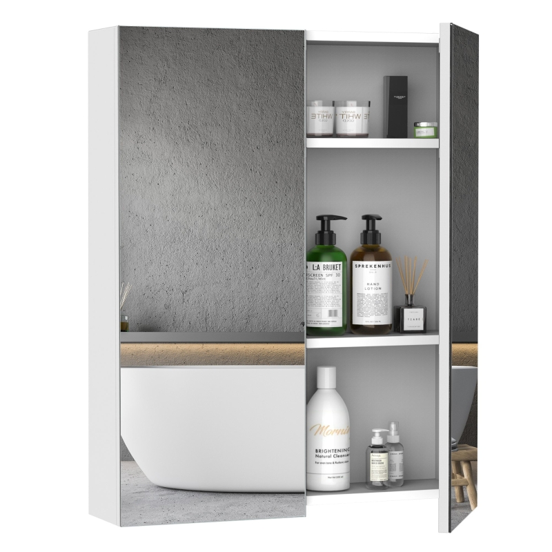 HOMCOM Wall Mount Mirror Cabinet Wood Bathroom Storage Shelf Double Door Cupboard Adjustable (60Wx15Dx75H (cm))