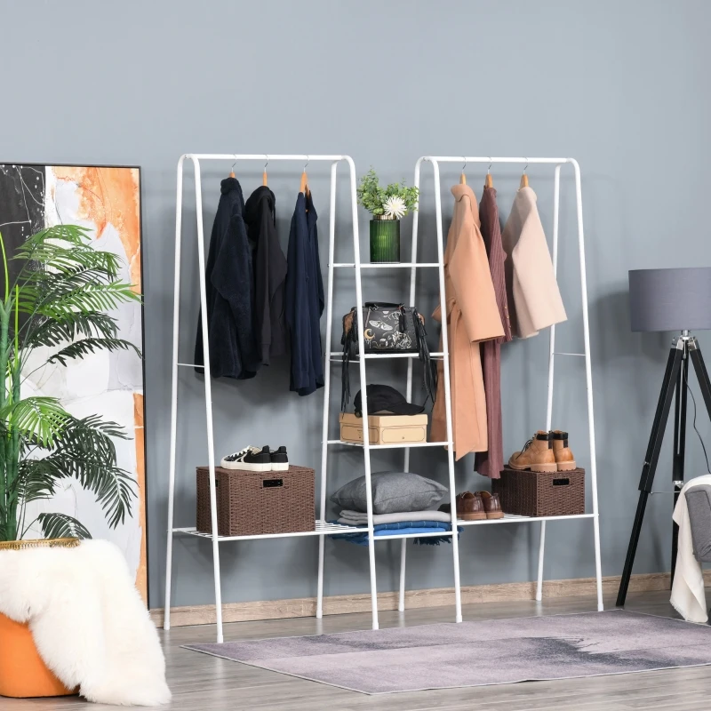 HOMCOM Clothing Garment Rack, Clothes Organizer with Shelves and Bottom Wire Net for Bedroom, Balcony, White
