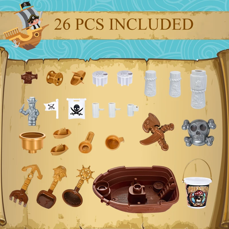 HOMCOM Pirate Ship Theme Sand and Water Table Beach Toy Set 2 in 1 Outdoor Activities Playset for Kids with Accessories 26 Pcs Garden Sandpit Sandbox for Beach Bath 3 Years Old Toddlers