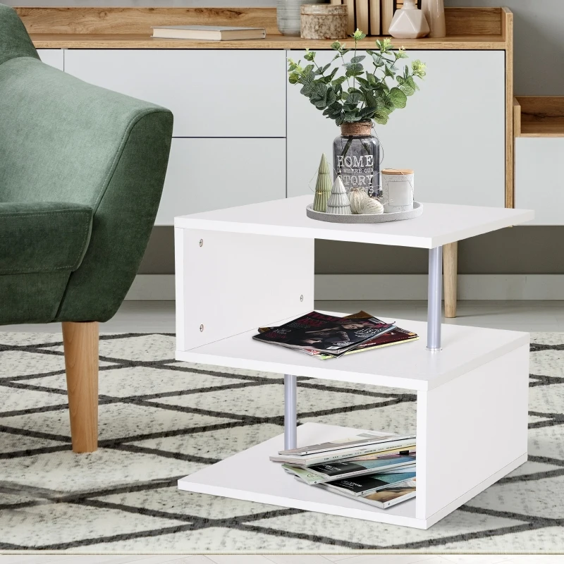 HOMCOM Coffee End Table S shape 2 Tier Storage Shelves Organizer Versatile Home office furniture (White)