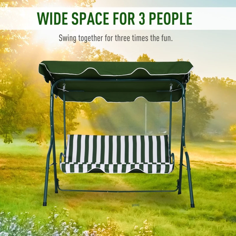 Outsunny 3 Seater Canopy Swing Chair Outdoor Garden Bench with Sun Cover Metal Frame - Green Stripes