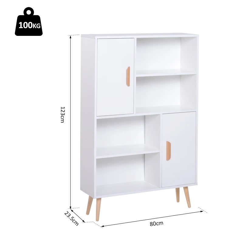 HOMCOM Sideboard Bookshelf Free Standing Bookcase Shelves Unit Display Storage Cabinet Wooden Leg w/ Two Doors White