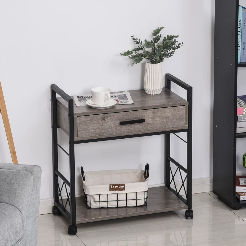 HOMCOM Industrial Style Side Table with 1 Drawer, Shelf, Wheels Wooden Bedside Table Night Stand, Home Furniture, Grey