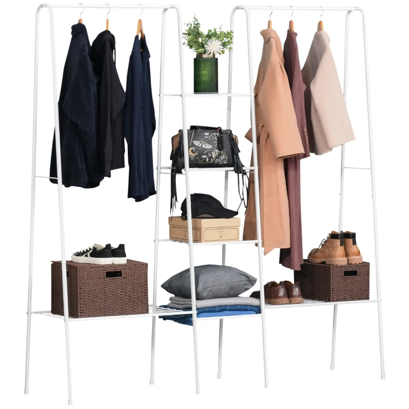 HOMCOM Clothing Garment Rack, Clothes Organizer with Shelves and Bottom Wire Net for Bedroom, Balcony, White