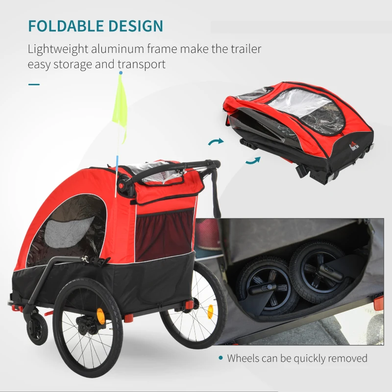 HOMCOM 3 In 1 Foldable Children Bike Trailer Kids Stroller Jogger Transport Buggy Carrier w/ Suspension Rubber Tires Adjustable Handlebar for 2 Kids Red and Black