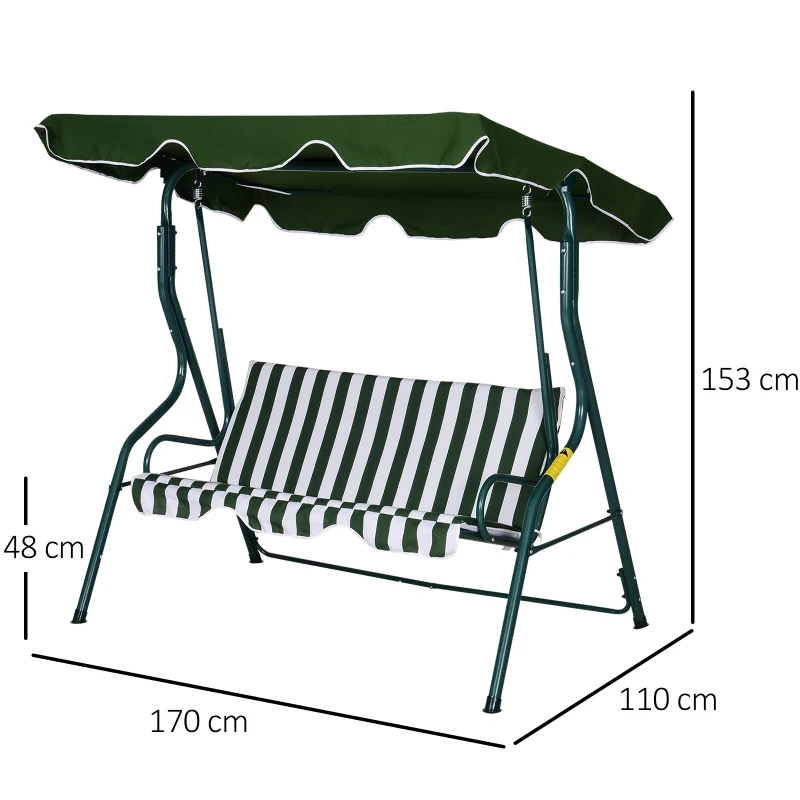 Outsunny 3 Seater Canopy Swing Chair Outdoor Garden Bench with Sun Cover Metal Frame - Green Stripes
