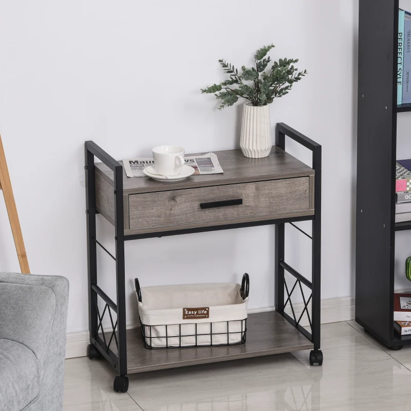 HOMCOM Industrial Style Side Table with 1 Drawer, Shelf, Wheels Wooden Bedside Table Night Stand, Home Furniture, Grey