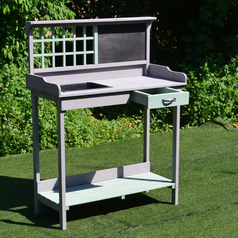 HOMCOM Garden Potting Table with Sink, Blackboard and Drawer, Wooden Planting Work Bench Workstation Outdoor Tool Storage Shelves