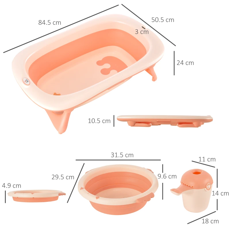 HOMCOM 3 in 1 Collapsible Baby Bath Tub Set Folding Kids Tub Wash Basin Shampoo Cup Non-Slip Support Leg for 0-3 Years, Pink