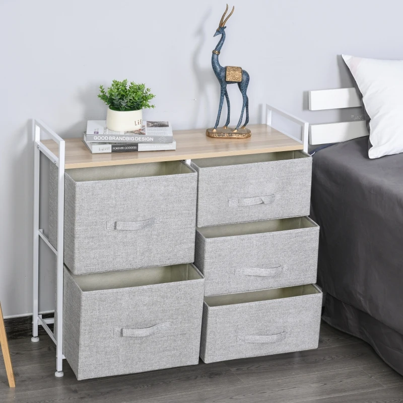 HOMCOM 5 Drawer Linen Basket Storage Unit Home Organisation w/ Shelf Handles Metal Frame Adjustable Feet Hallway Home Dresser Grey