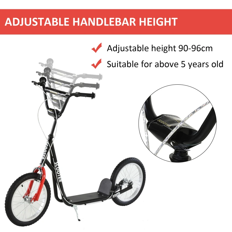 HOMCOM Teen Kids Stunt Scooter Children Kick Scooter Adjustable Handlebar 2 Brakes Ride On 16 Inch Rubber Tyres Black