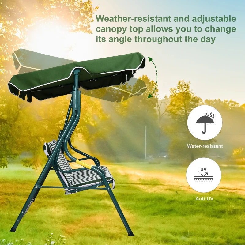 Outsunny 3 Seater Canopy Swing Chair Outdoor Garden Bench with Sun Cover Metal Frame - Green Stripes