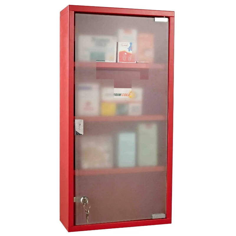 HOMCOM Red Steel wall mounted Medicine Cabinet with 3 shelves + Security Glass Door Lockable 60 cm(H)