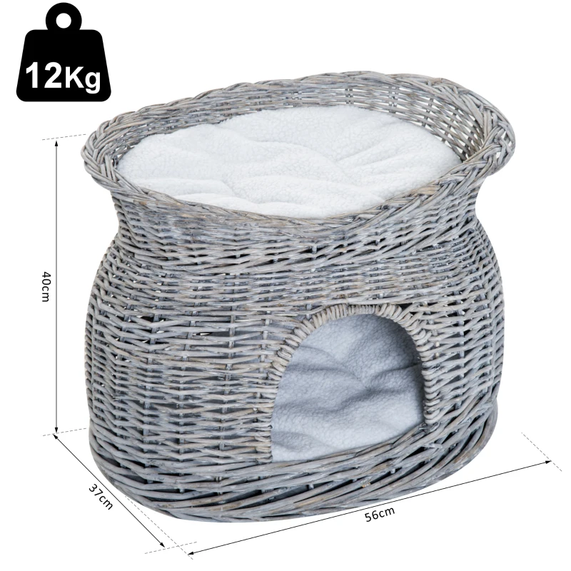 PawHut 2-Tier Wicker Cat House Elevated Pet Bed Basket Willow Kitten Tower Pet Den. Cozy Cave with Washable Cushions 56x37x40cm Grey