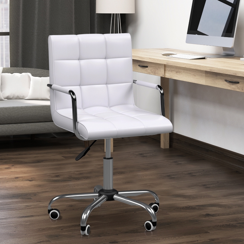 HOMCOM Mid Back PU Leather Home Office Desk Chair Swivel Computer Salon Stool with Arm, Wheels, Height Adjustable, White