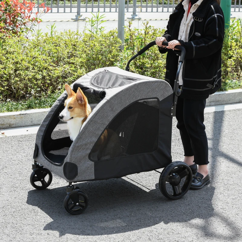 PawHut Dog Stroller 4 Wheels Pet Trolley Carrier Mesh Windows for Medium Large Dogs Traveling Grey