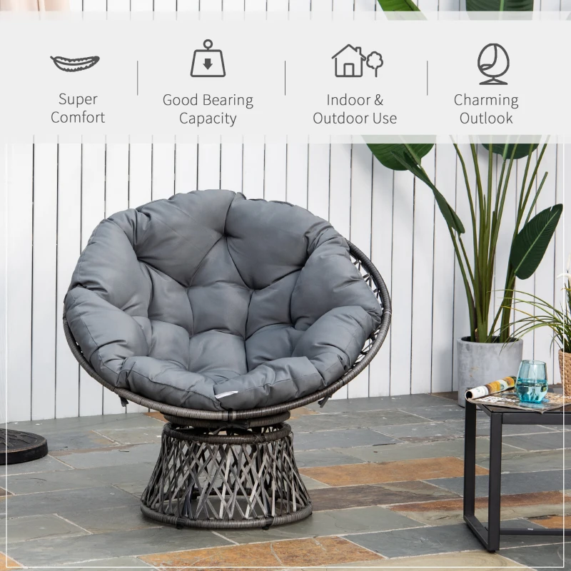 Outsunny 360° Swivel Rattan Papasan Moon Bowl Chair with Padded Cushion Oversized for Outdoor Indoor