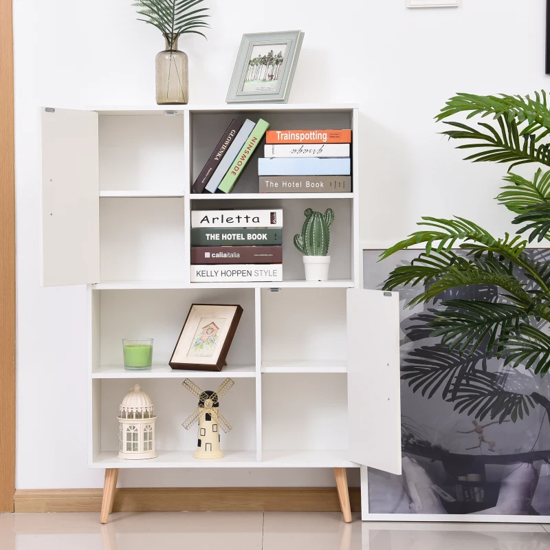 HOMCOM Sideboard Bookshelf Free Standing Bookcase Shelves Unit Display Storage Cabinet Wooden Leg w/ Two Doors White