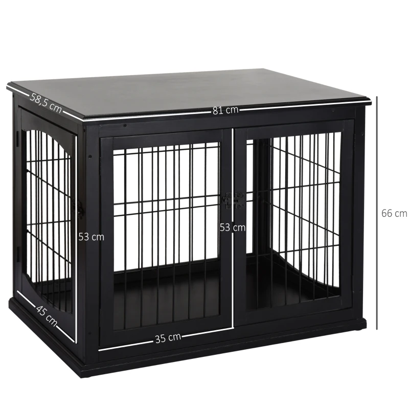 PawHut 66cm/26'' Wooden Decorative Dog Cage Pet Crate Double Door Small Animal with Tabletop, Black