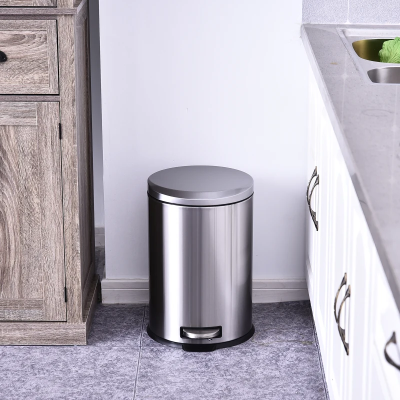 HOMCOM 20L T430 D29.2 x 44 H cm Step-on Trash Can Stainless Steel Round Garbage Bin Silent Gentle Open and Close Dustbin with Pedal