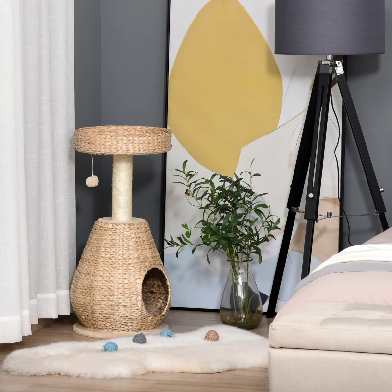 PawHut Cat tree Tower 82.5cm Climbing Activity Center Kitten with Sisal Scratching Post Condo Perch Hanging Balls Toy Cushion Cattail Fluff