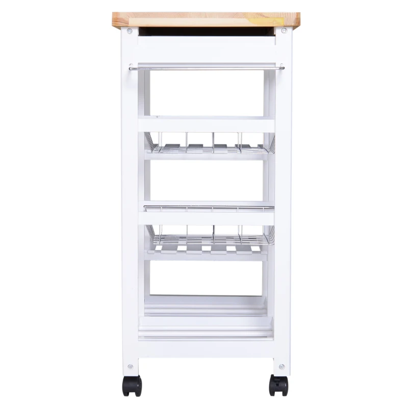HOMCOM Rolling Kitchen Island Trolley Cart Drawer Shelves Basket Wheels W/  6 Bottle Wine Rack White