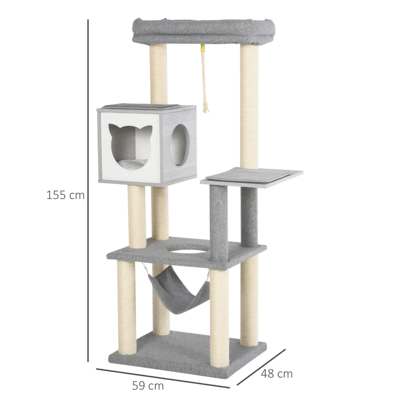 PawHut 5-Levels Plush Cat Tree Tower Activity Center with Sisal Scratching Posts Hammock Perch Condo Soft Cushions, Grey