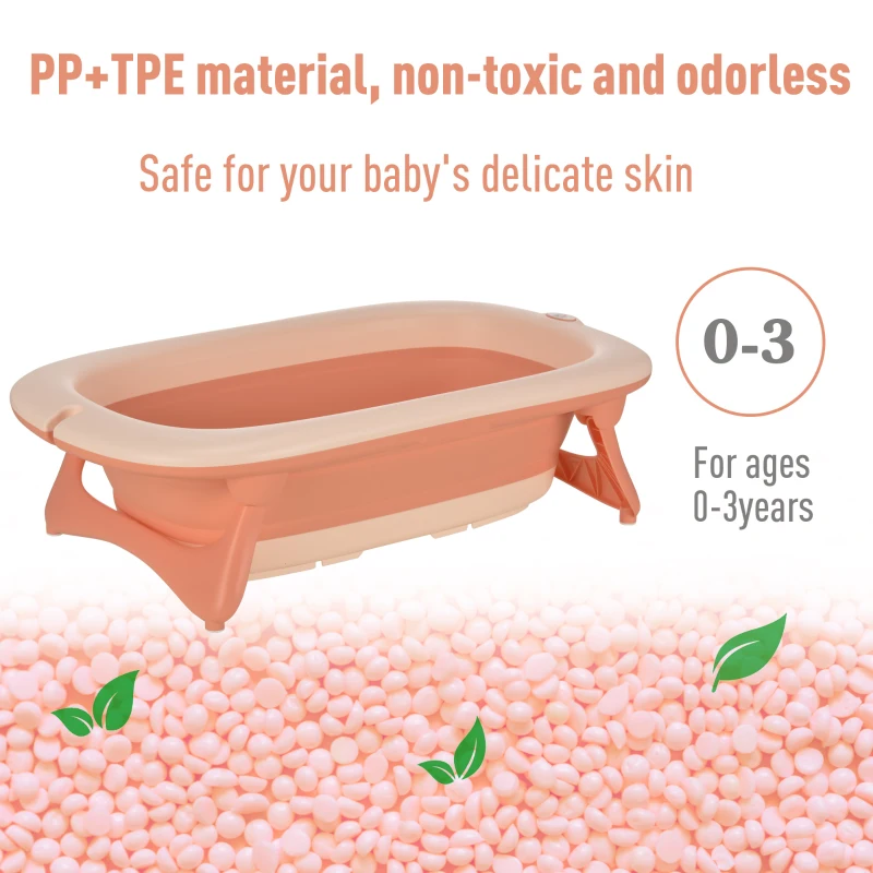 HOMCOM 3 in 1 Collapsible Baby Bath Tub Set Folding Kids Tub Wash Basin Shampoo Cup Non-Slip Support Leg for 0-3 Years, Pink