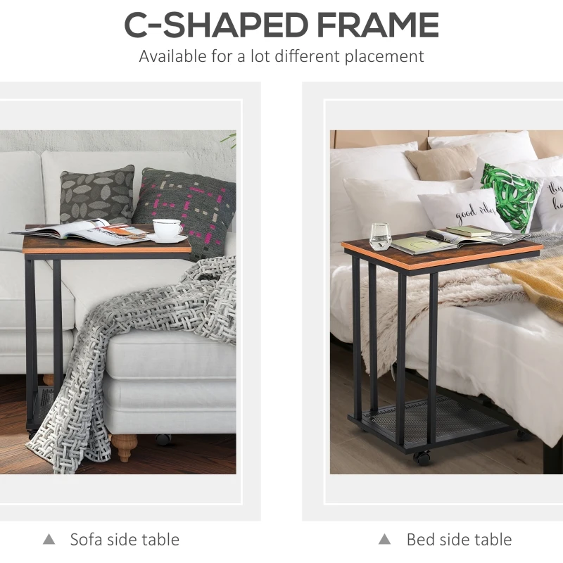 HOMCOM Side Table that Slides under Couch, Mobile Sofa Side End Coffee Table Metal Frame Rolling Castors Storage Wooden Trolly