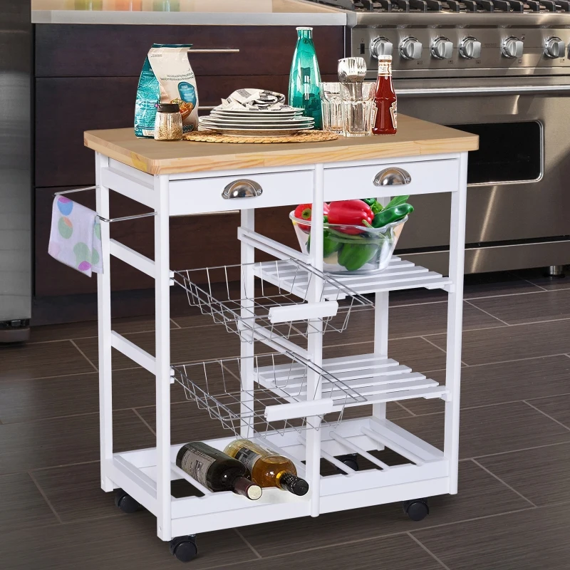 HOMCOM Rolling Kitchen Island Trolley Cart Drawer Shelves Basket Wheels W/  6 Bottle Wine Rack White