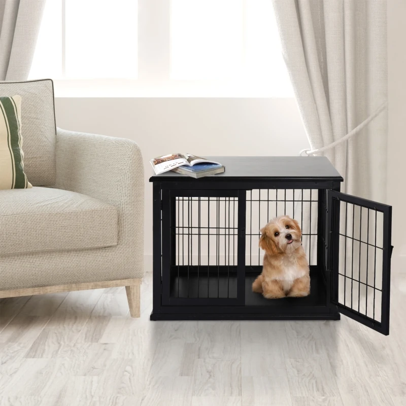 PawHut 66cm/26'' Wooden Decorative Dog Cage Pet Crate Double Door Small Animal with Tabletop, Black