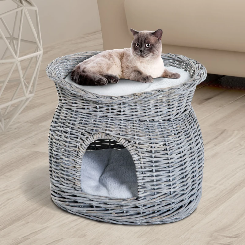 PawHut 2-Tier Wicker Cat House Elevated Pet Bed Basket Willow Kitten Tower Pet Den. Cozy Cave with Washable Cushions 56x37x40cm Grey