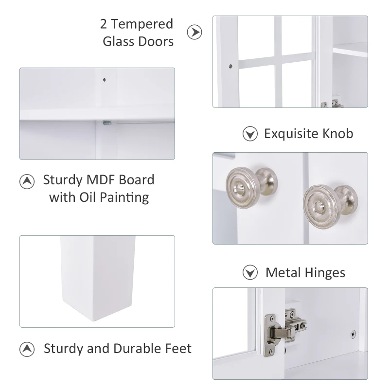 HOMCOM Modern Kitchen Sideboard Storage Cabinet Cupboard with 2 Glass Doors Adjustable Shelf for Dinning Room,Living Room, White