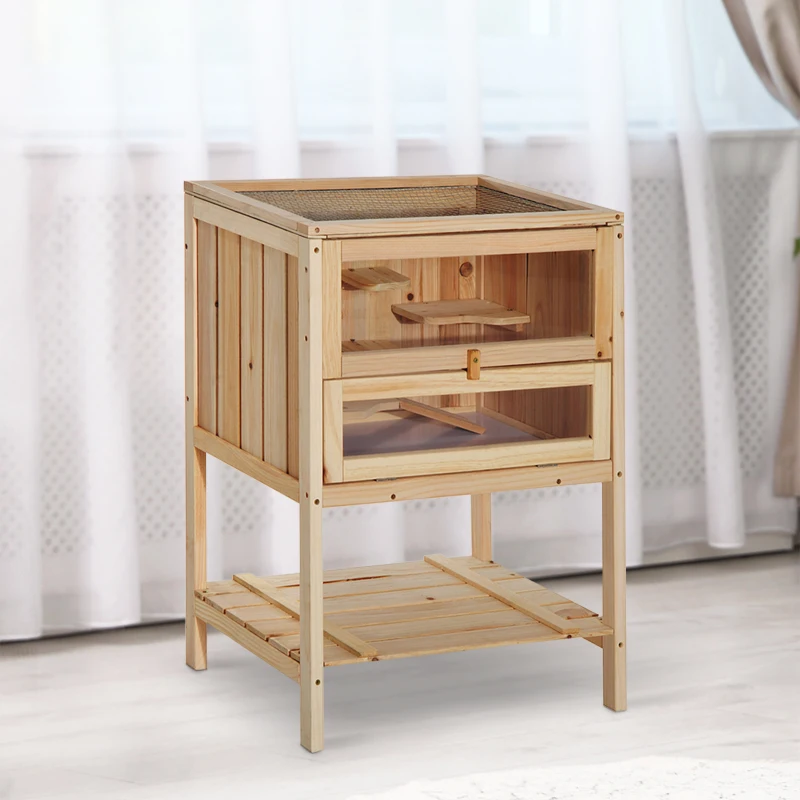 PawHut Wooden Hamster Cage with Storage Shelf, Small Animal Exercise Play House with Openable Top, for Hamsters, Gerbils, 60 x 40 x 80 cm - Natural