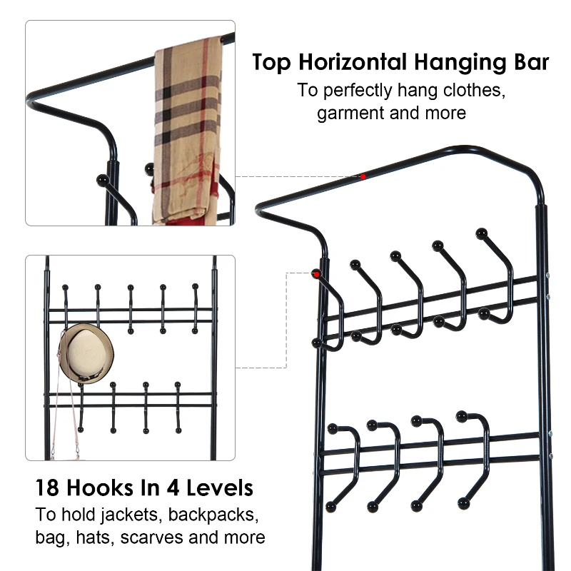 HOMCOM Coat Rack Stand Hall Tree Hallway Furniture with 18 Hooks 3-Tier Shoe Rack Metal Frame for Entryway Bedroom Living Room Black