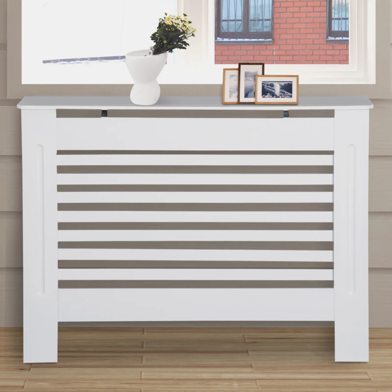 HOMCOM MDF Radiator Cover Wooden Cabinet Shelving Home Office Vertical Slattted Vent White  112L x 19W x 81H