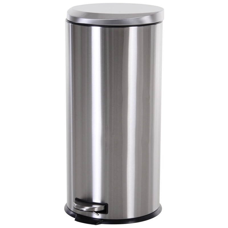 HOMCOM 30L T430 Step-on Trash Can Stainless Steel Round Garbage Bin Silent Gentle Open and Close Dustbin with Pedal
