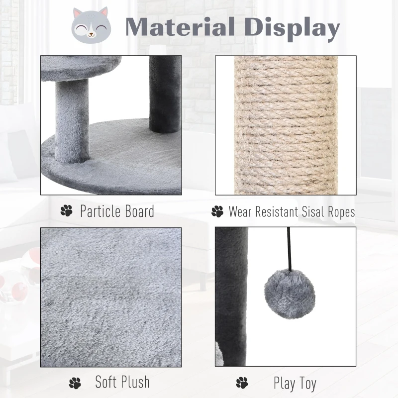 PawHut 104 cm Cat Tree, Cat Condo Tree Tower, Cat Activity Centre with Scratching Posts, Plush Perch, Hanging Ball - Grey