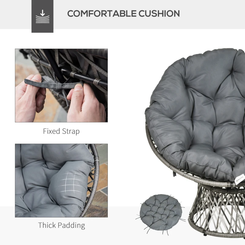 Outsunny 360° Swivel Rattan Papasan Moon Bowl Chair with Padded Cushion Oversized for Outdoor Indoor