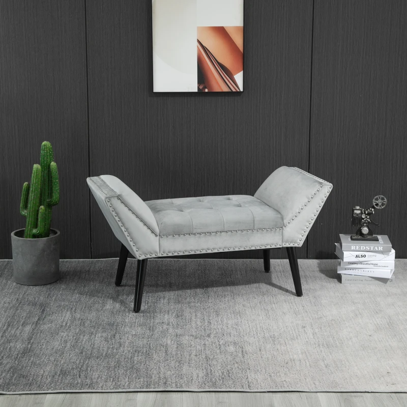 HOMCOM Modern Button Tufted Bench Accent Velvet Upholstered Ottoman for Bedroom, Living Room Entryway, Light Grey