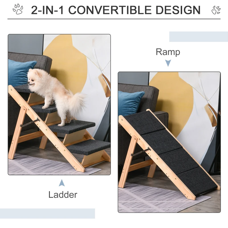 PawHut Dog Steps Pet Stairs 2 In 1 Convertible Dog Ramp Portable Foldable 4 Steps Cat Ladder for Bed Couch Car 80 x 47 x 64 cm