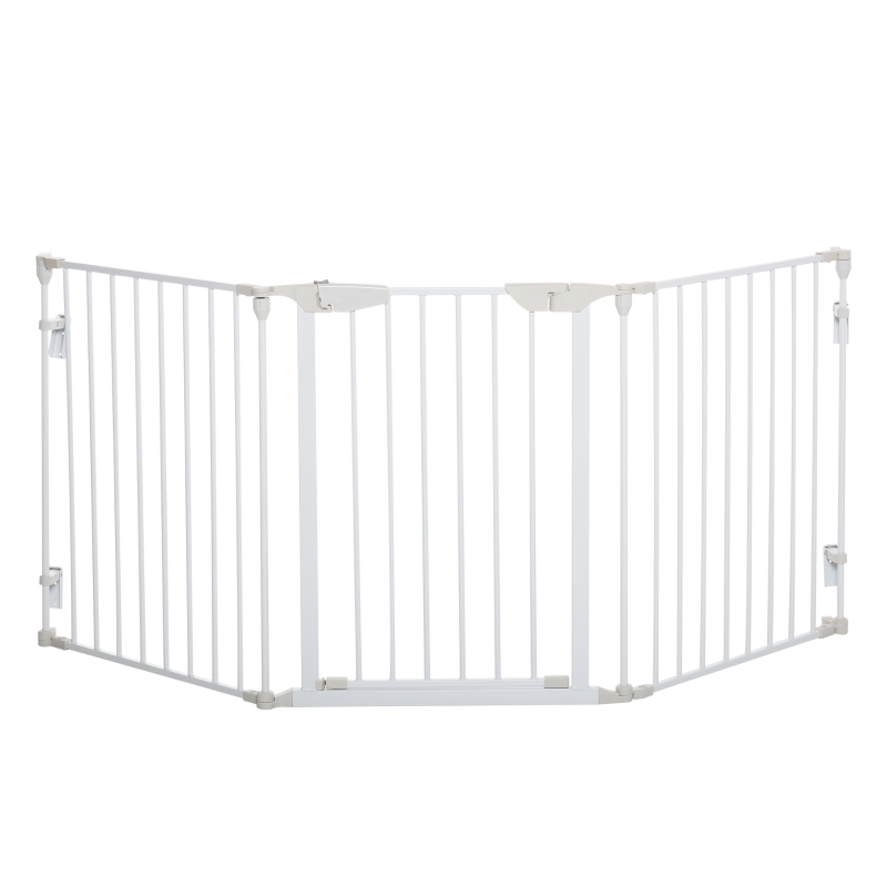 PawHut Pet Safety Gate 3-Panel Playpen Fireplace Christmas Tree Fence Stair Barrier Room Divider with Walk Through Door Automatically Close Lock White