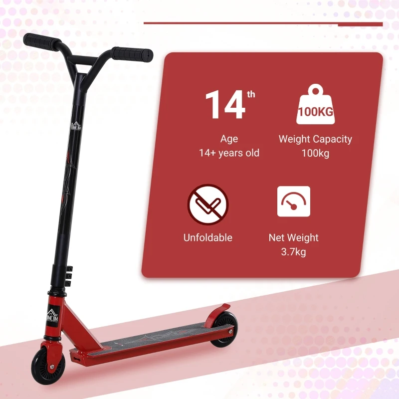 HOMCOM Teens Adult Street Stunt Kick Scooter Intermediate and Beginner Freestyle Tricks Scooters For 14+ w/ Rear φ10cm Wheel&Brake - Red