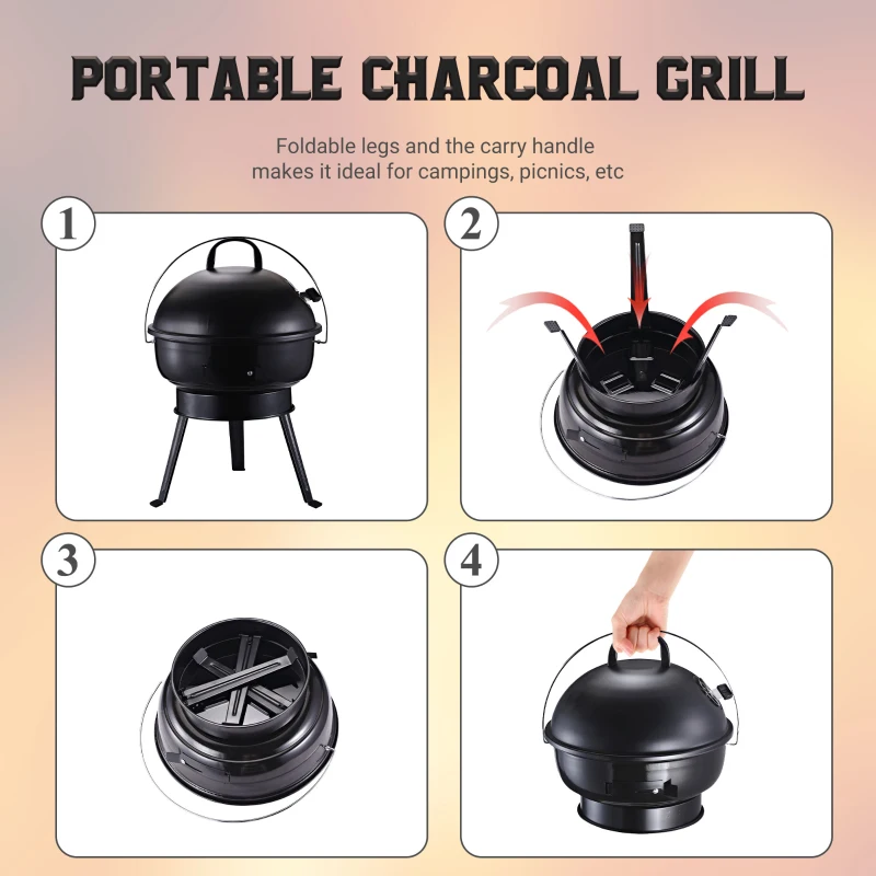 Outsunny Portable Small Charcoal Grill Barbecue BBQ Mini Tabletop Picnic Cooking Smoker Family Party Camping with Grid Tripod - Black