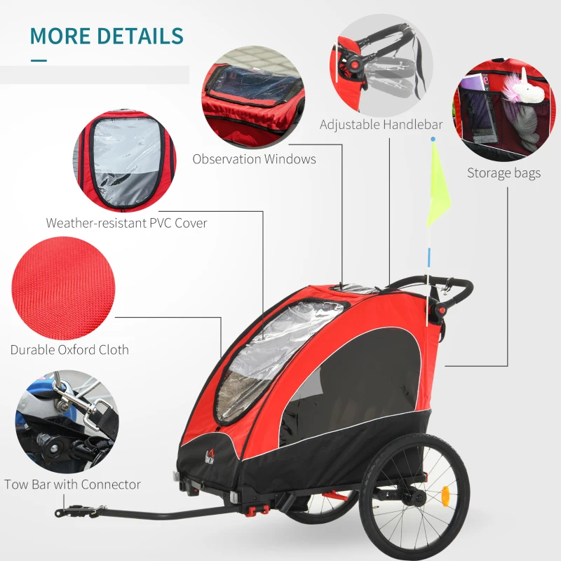 HOMCOM 3 In 1 Foldable Children Bike Trailer Kids Stroller Jogger Transport Buggy Carrier w/ Suspension Rubber Tires Adjustable Handlebar for 2 Kids Red and Black