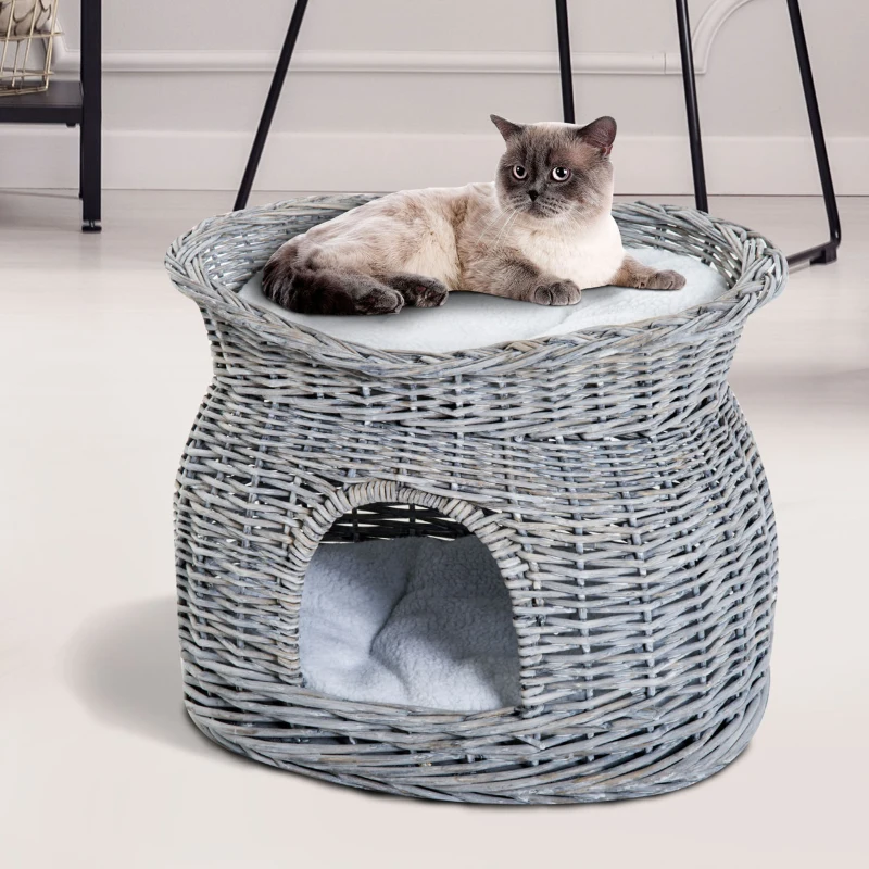 PawHut 2-Tier Wicker Cat House Elevated Pet Bed Basket Willow Kitten Tower Pet Den. Cozy Cave with Washable Cushions 56x37x40cm Grey